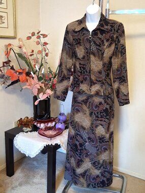 Preowned Dino Women’s 2 Piece Blazer Maxi Skirt Multi Color Printed Jacket 8M